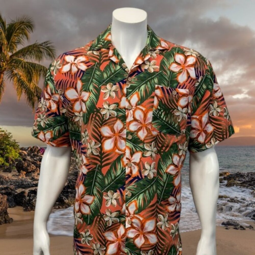 UZZI AMPHIBIOUS GEAR Orange-Green Hawaiian Tropical Vacation Shirt Size Large